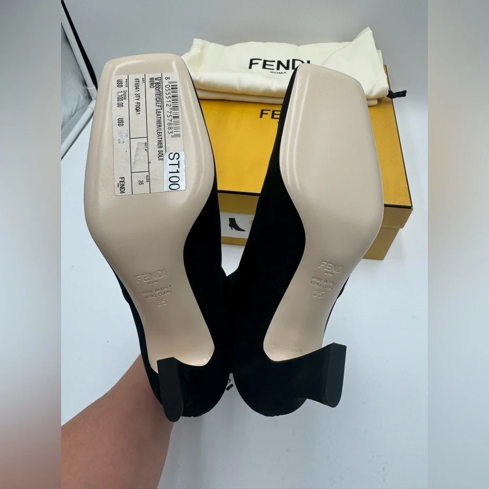 Fendi Black Suede Ankle Boots Logo Zip Heel Booties NWT Box IT 35 - Picture 8 of 17